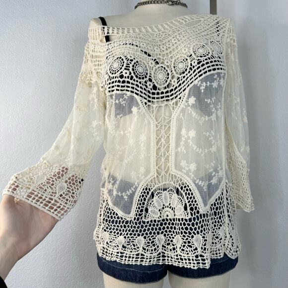 Sheer Crochet Lace Mesh Boho Off the Shoulder Top Medium - Picture 3 of 6